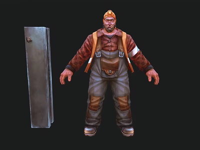 Man In Orange Hard Hat And Brown Overalls Standing By Gray Metal Cabinet 3d model
