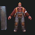 Man In Orange Hard Hat And Brown Overalls Standing By Gray Metal Cabinet