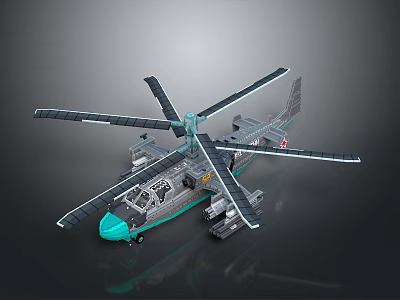 Detailed Helicopter Model With Teal And Gray Body Large Propellers And Structure 3d model