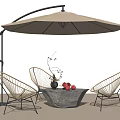 Woven Metal Frame Outdoor Chairs With Stone Table And Beige Patio Umbrella