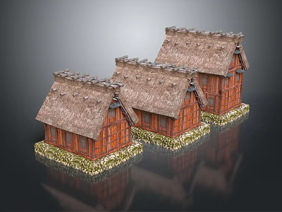 Three Traditional Wooden Houses with Thatched Roofs and Wooden Structure Surrounded by Green Grass Borders 3d model