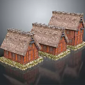 Three Traditional Wooden Houses with Thatched Roofs and Wooden Structure Surrounded by Green Grass Borders