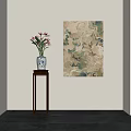 Blue And White Vase With Red Flowers On Wooden Stand Near Abstract Wall Painting