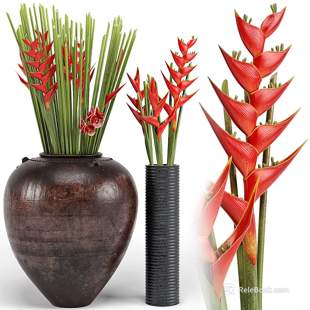 Red Tropical Flowers with Green Leaves in Brown Ceramic Vase and Tall Black Pottery Arrangement 3d model 