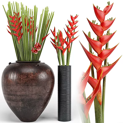Red Tropical Flowers with Green Leaves in Brown Ceramic Vase and Tall Black Pottery Arrangement 3d model