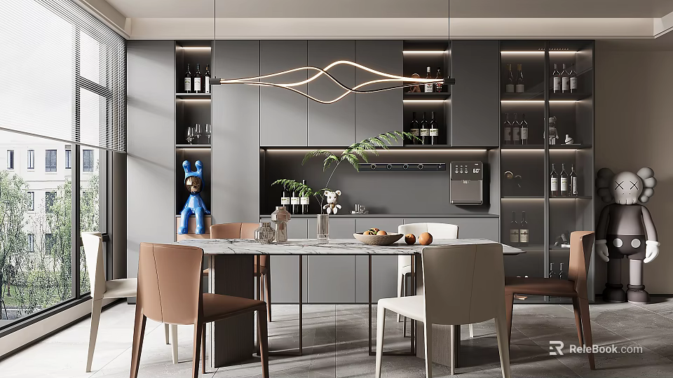 Modern Restaurant With Grey Cabinets Wine Racks Hanging Light Marble Dining Table And Green Plant 3d model 