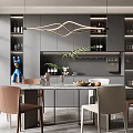 Modern Restaurant With Grey Cabinets Wine Racks Hanging Light Marble Dining Table And Green Plant