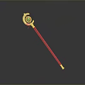 Magical Staff Weapon Featuring Red Long Handle Golden Decoration And Red Circular Top Part