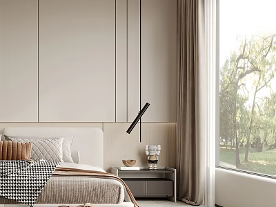Modern Bedroom Interior Design With Beige Headboard Nightstand Lamp And Natural Window View 3d model