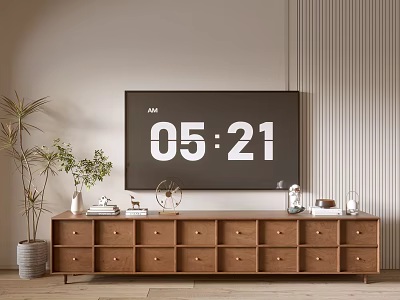 Wooden TV Stand With Multiple Drawers And Decorative Items In Living Room 3d model
