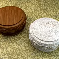 Carved Lotus Base Sculptures in Light Stone and Dark Wood with Petal Patterns