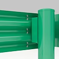 Durable Green Metal Guardrail with Sturdy Posts Horizontal Striped Beams and Bases