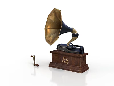 Vintage Phonograph Electronic Appliance With Golden Horn And Wooden Base Accessory 3d model