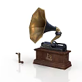 Vintage Phonograph Electronic Appliance With Golden Horn And Wooden Base Accessory