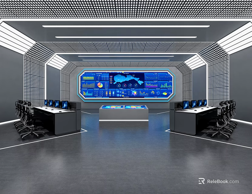 Futuristic Control Room With Large Digital Screen Data Displays Workstations And Ergonomic Chairs 3d model 