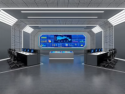 Futuristic Control Room With Large Digital Screen Data Displays Workstations And Ergonomic Chairs 3d model