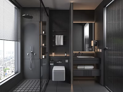 Modern Dark Toned Bathroom Interior With Shower Smart Toilet And Large Window 3d model