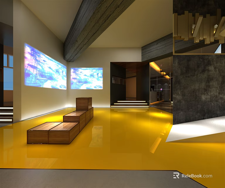 Modern Clubhouse Interior With Yellow Floor Wooden Benches And Large Screen Projections 3d model 