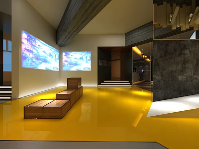 Modern Clubhouse Interior With Yellow Floor Wooden Benches And Large Screen Projections 3d model