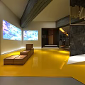 Modern Clubhouse Interior With Yellow Floor Wooden Benches And Large Screen Projections