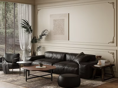 Living Room Interior Design With Black Leather Sofa Coffee Table Plant Blinds And Decorative Moldings 3d model