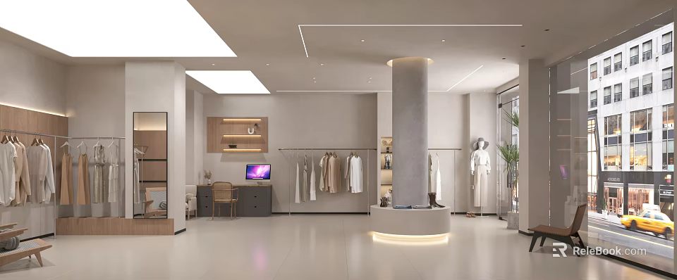 Modern Clothing Store Interior With Hanging Racks Mannequins And Bright Lighting 3d model 