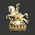 Golden Man Sculpture Riding Horse Holding Colorful Object Surrounded By Small Figurines On Circular Base