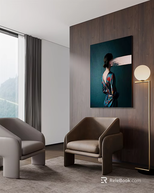 Modern Living Room Interior With Upholstered Single Sofas Wooden Wall Floor Lamp And Mountain View 3d model 