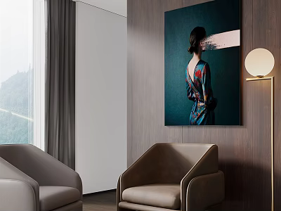 Modern Living Room Interior With Upholstered Single Sofas Wooden Wall Floor Lamp And Mountain View 3d model