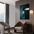 Modern Living Room Interior With Upholstered Single Sofas Wooden Wall Floor Lamp And Mountain View