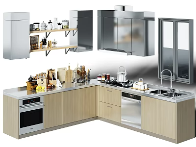 Modern Light Wood Kitchen Cabinets With L Shaped Countertop Open Shelves And Appliances 3d model