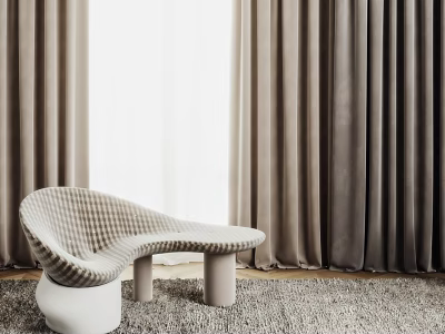 Abstract shaped Sofa with Checkerboard Pattern Curved Design Against Gray Curtains On Soft Rug 3d model