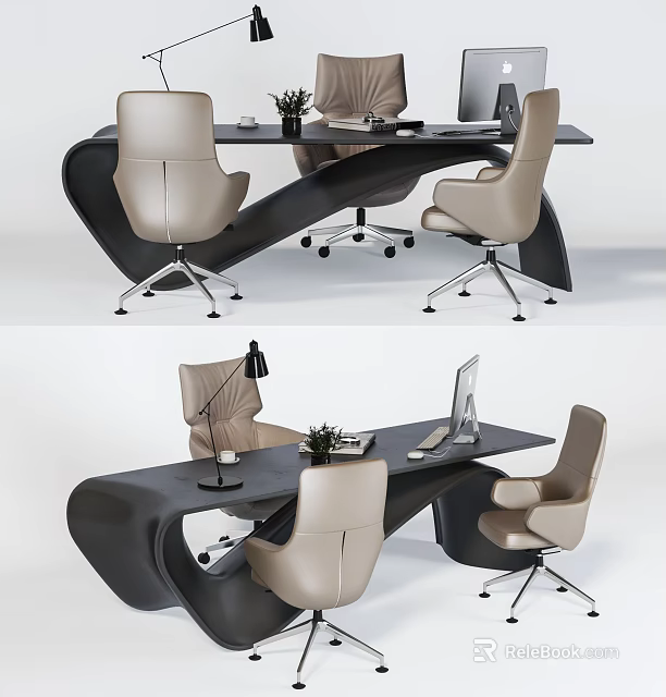 Modern Office Desk With Beige Ergonomic Chairs Laptop Desk Lamp And Green Plant 3d model 