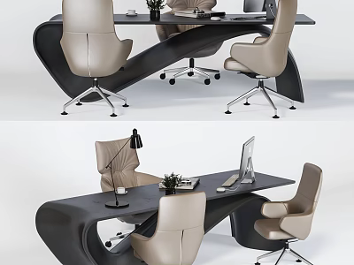 Modern Office Desk With Beige Ergonomic Chairs Laptop Desk Lamp And Green Plant 3d model