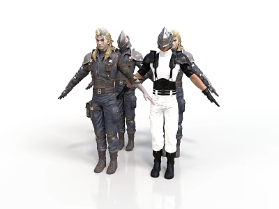 Group of Armored Fantasy Characters in Dark and White Armor with Weapons Standing Together 3d model