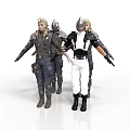 Group of Armored Fantasy Characters in Dark and White Armor with Weapons Standing Together