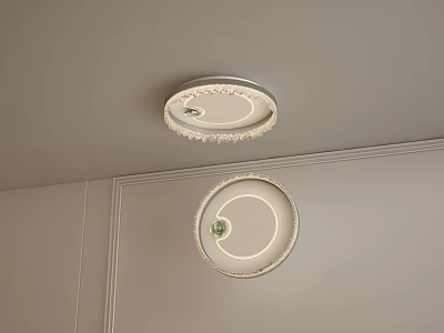 Two Circular Ceiling Lights With Decorative Edges On Light Colored Ceiling Featuring Green Element 3d model
