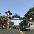 Traditional Chinese Village Entrance Gate With Wooden Structure Clock Tower And Green Trees