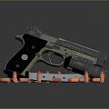 Detailed Tactical Pistol With Scattered Bullets And Magazine On Dark Surface
