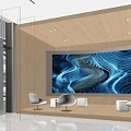 Modern Exhibition Hall With Large Blue Wave Screen And White Chairs