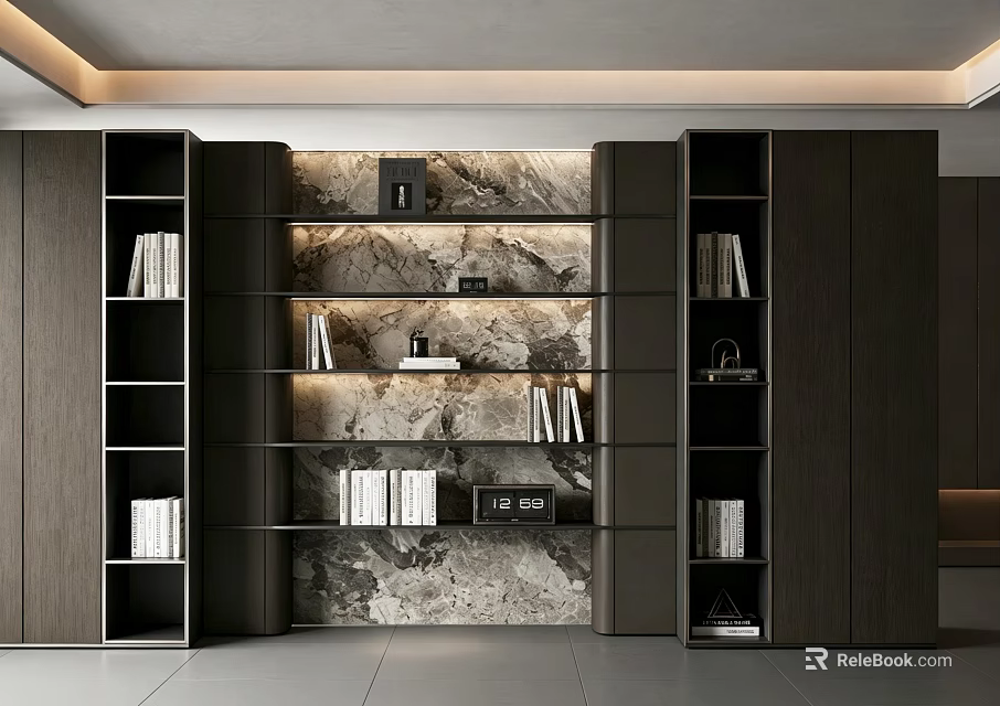Modern Dark Sideboard With Marble Background Multiple Shelves For Books And Decor Items 3d model 