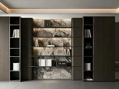Modern Dark Sideboard With Marble Background Multiple Shelves For Books And Decor Items 3d model