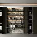 Modern Dark Sideboard With Marble Background Multiple Shelves For Books And Decor Items