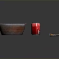 Bowl With Red Liquid Vegetables Coca Cola Can And Wooden Handle Axe