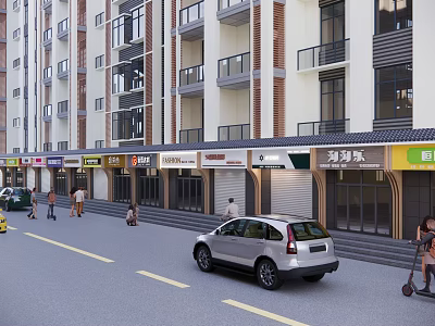 Commercial Street With Multi Story Buildings Ground Floor Shops Store Signs Pedestrians And Vehicles 3d model