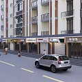Commercial Street With Multi Story Buildings Ground Floor Shops Store Signs Pedestrians And Vehicles