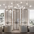 Elegant Modern Sales Office Interior With Artistic Chandelier Reception Desk And Floor Plan