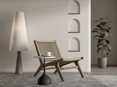 Rattan Leisure Chair With Wooden Frame Side Table Floor Lamp Arched Niches And Green Plant 3d model