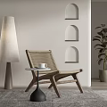 Rattan Leisure Chair With Wooden Frame Side Table Floor Lamp Arched Niches And Green Plant