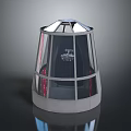 Modern Transparent Observation Cabin With Metallic Frame And Red Base Glass Structure